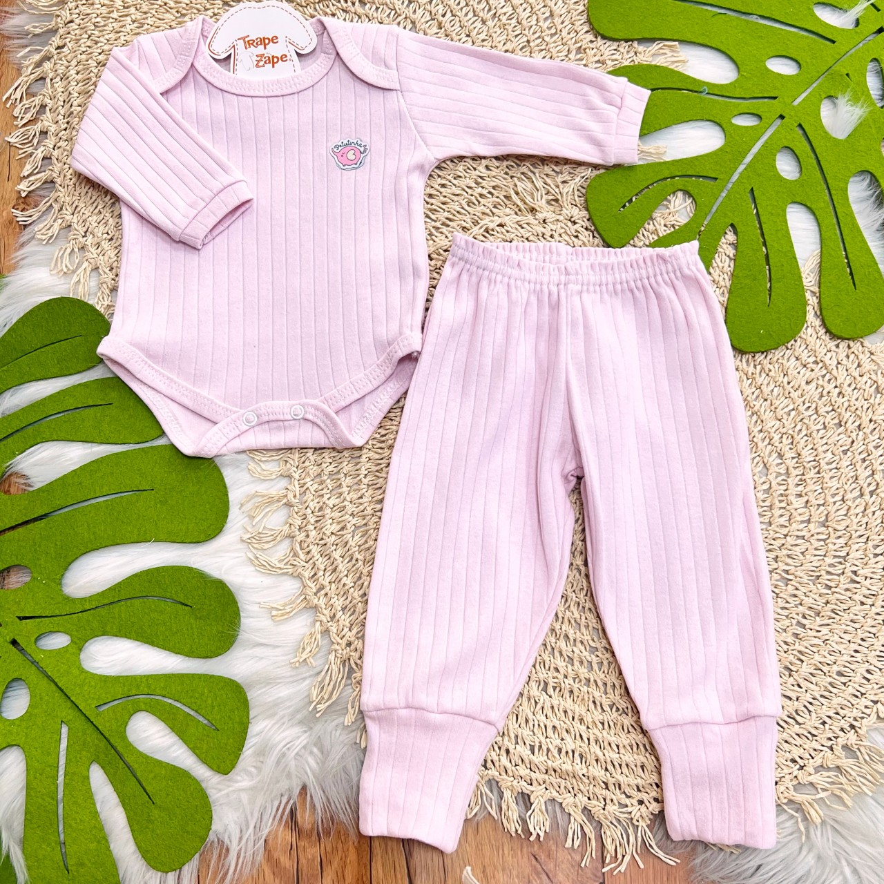Conj. Body m/longa e Calça canelada - Rosa